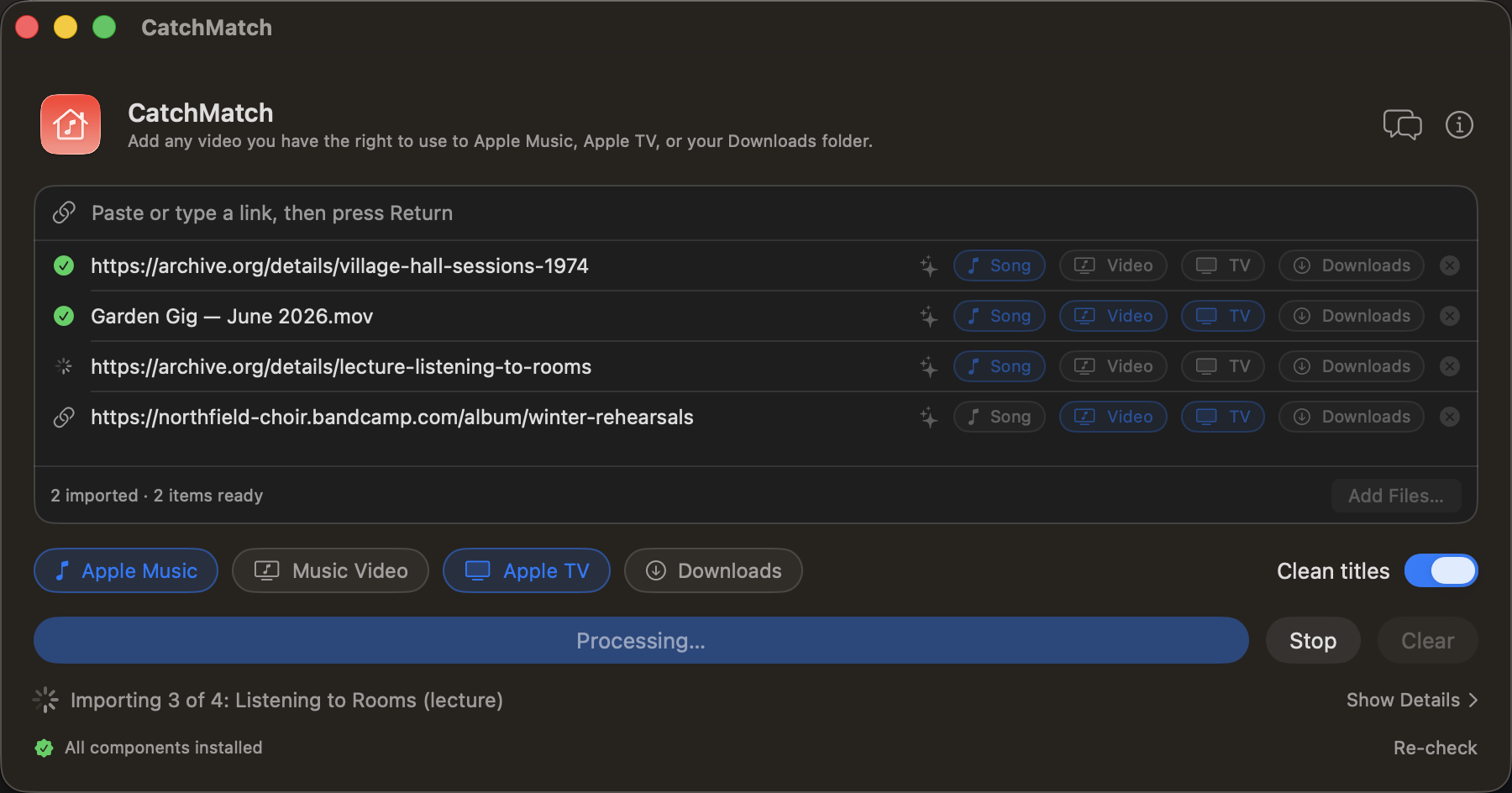 The CatchMatch window: a queue of items, each with Song, Video and TV buttons, importing.