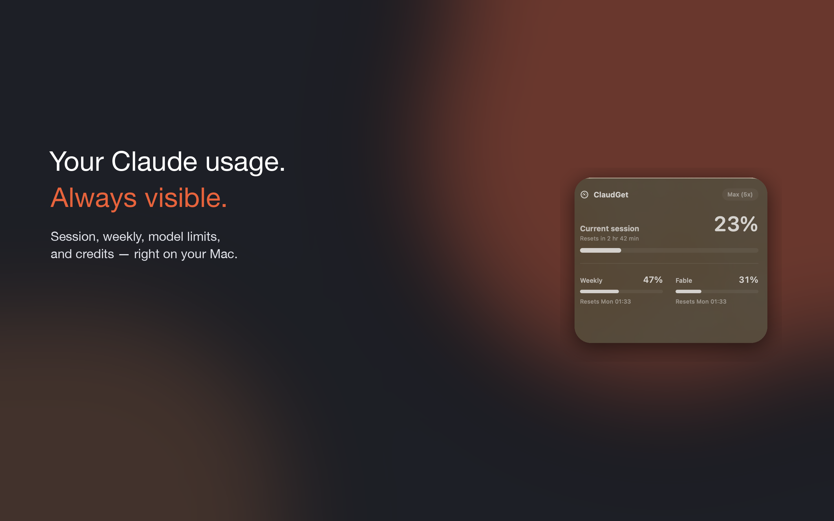 ClaudGet widget showing usage limits