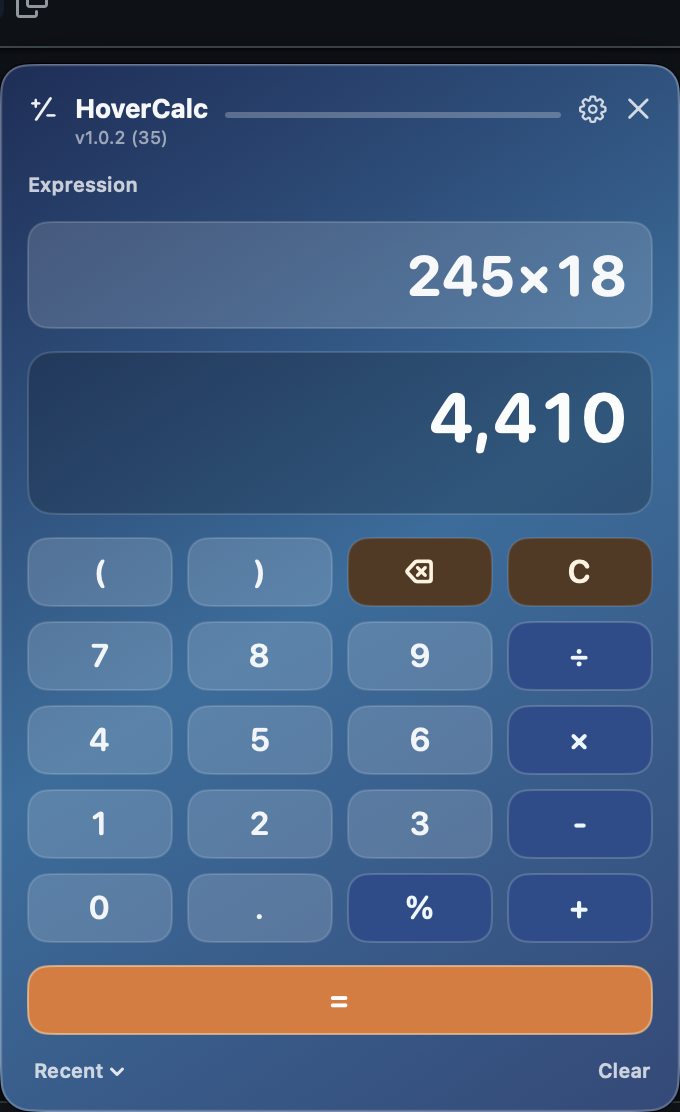 HoverCalc showing a calculation result