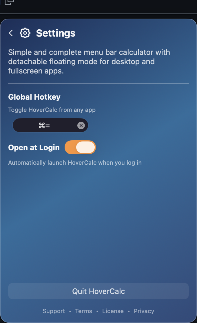 HoverCalc settings