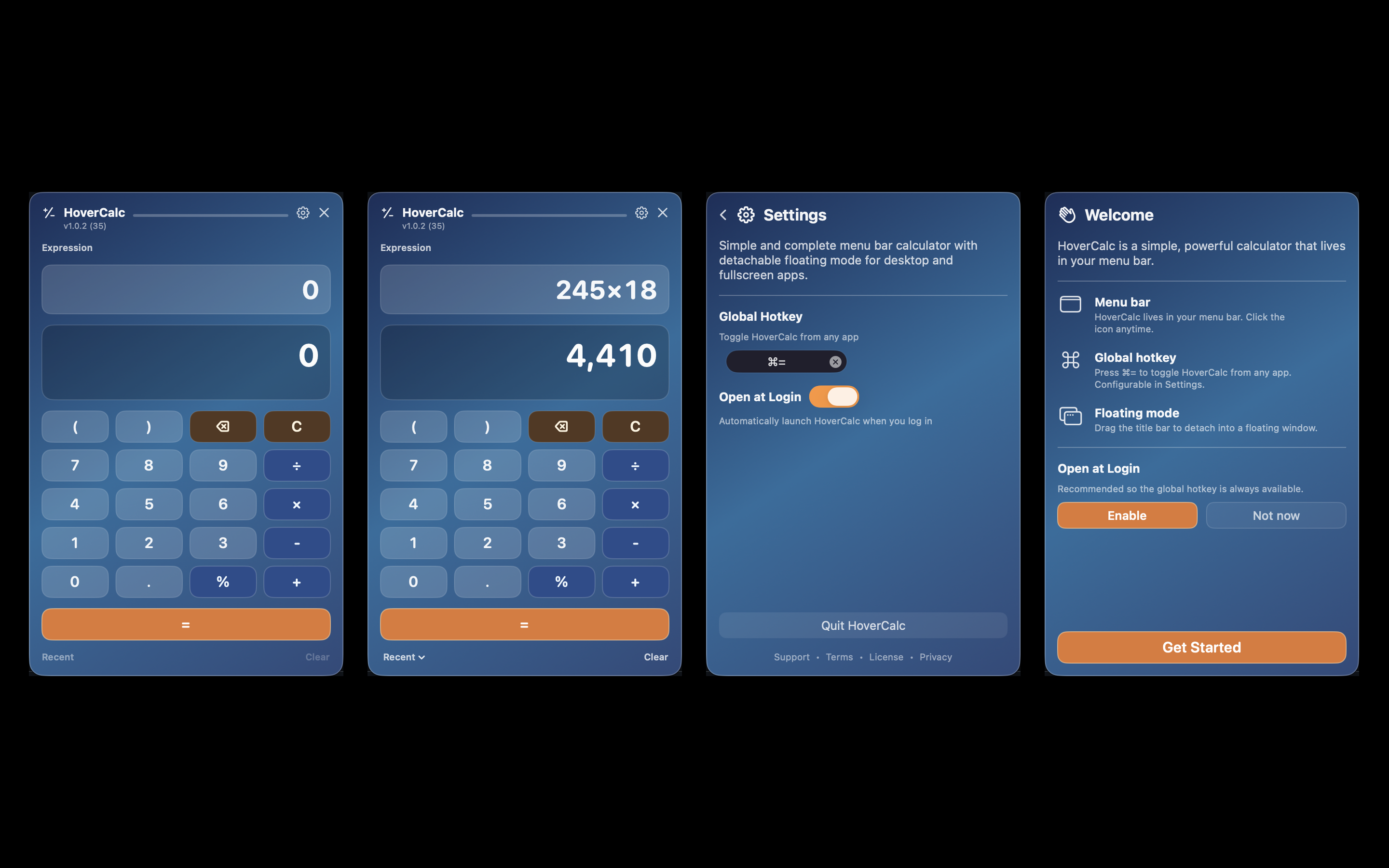 HoverCalc screenshots showing calculator, result, settings, and welcome screens