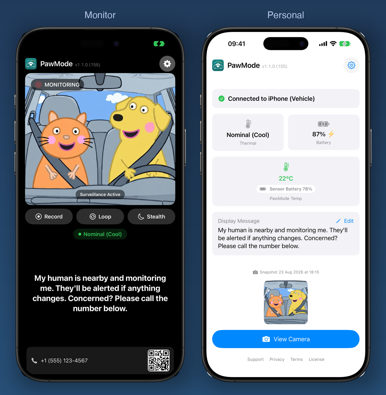 PawMode Monitor and Personal modes side by side on two iPhones