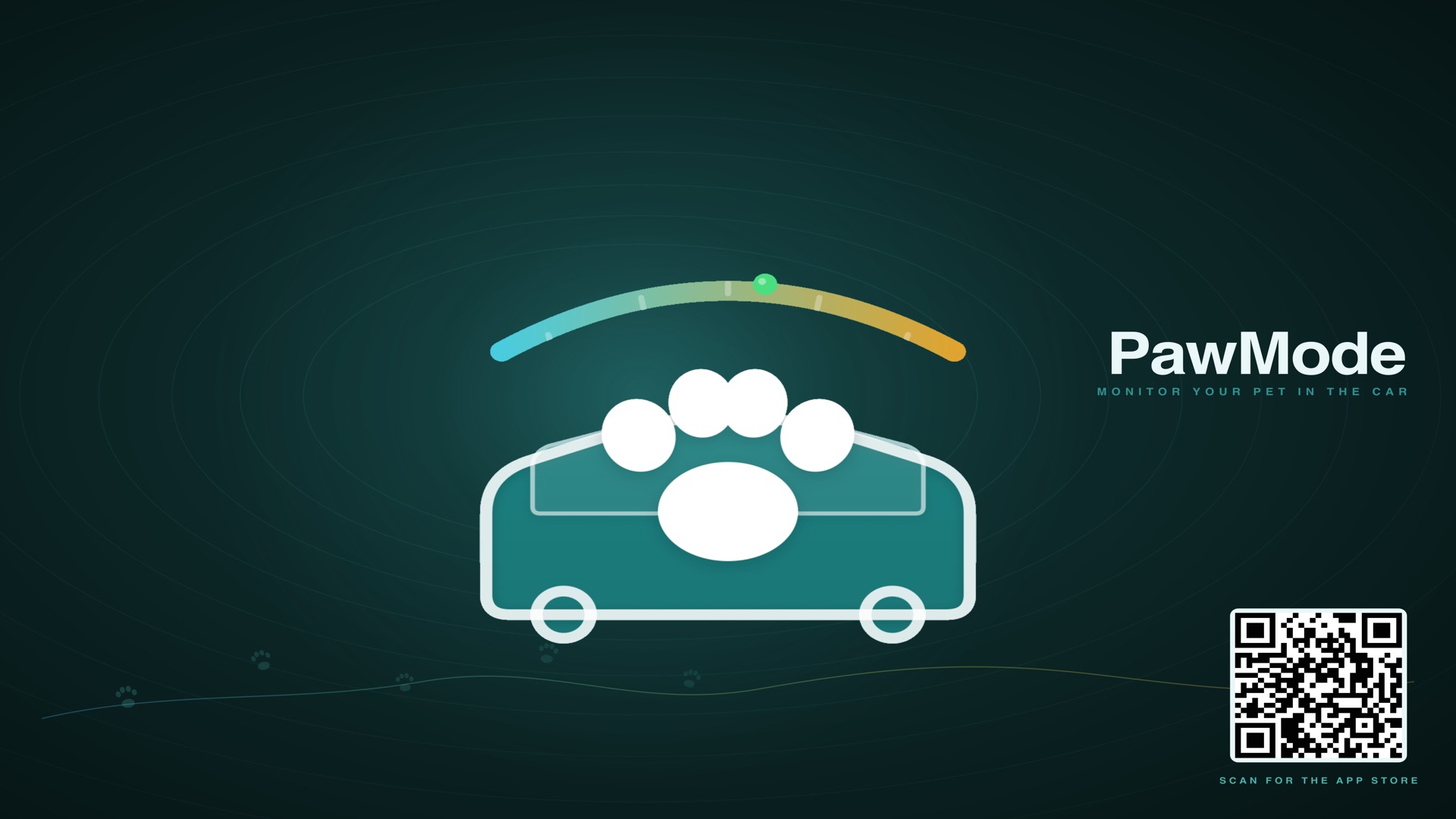 PawMode key art — the paw-and-car mark with a thermal gauge and the tagline ‘Monitor your pet in the car’