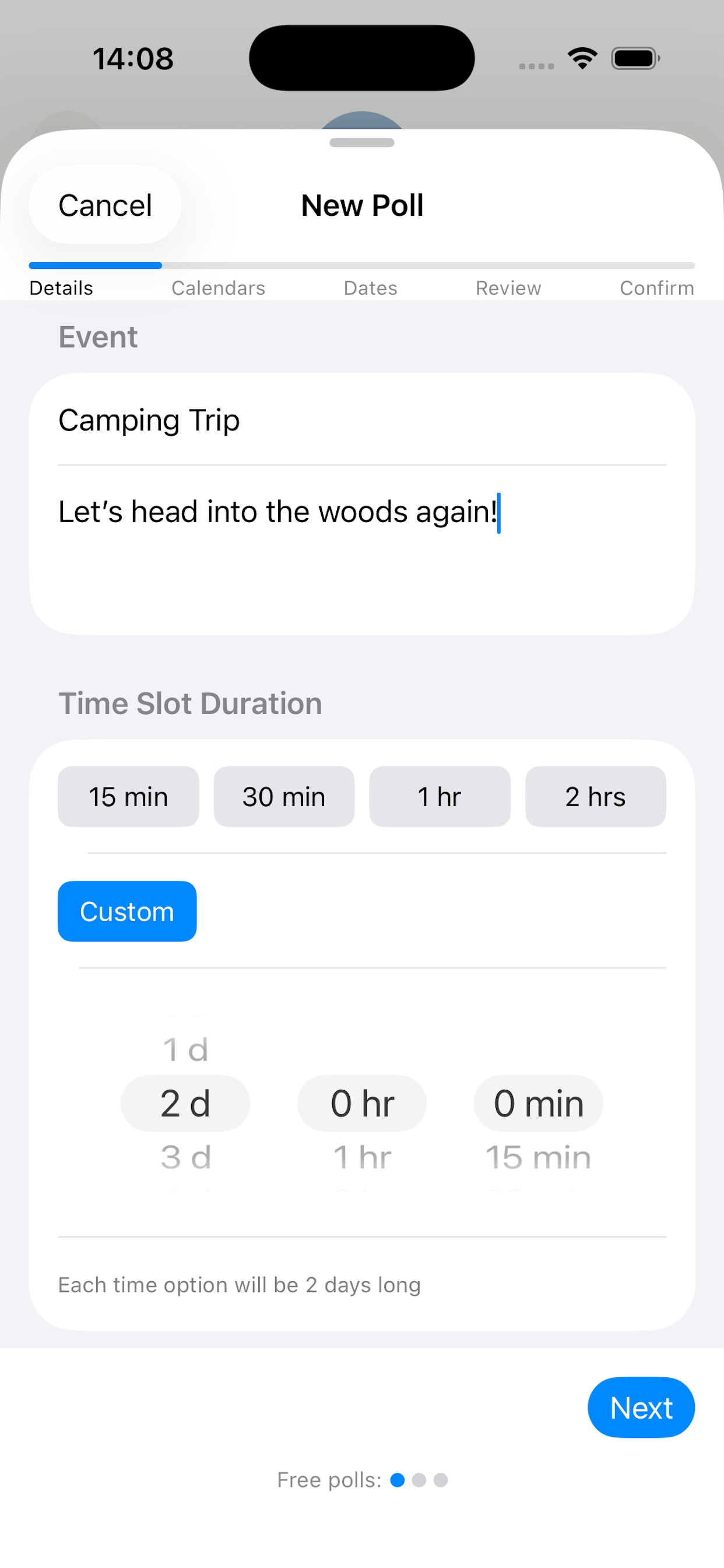 PickDatePlace organizer screen 1