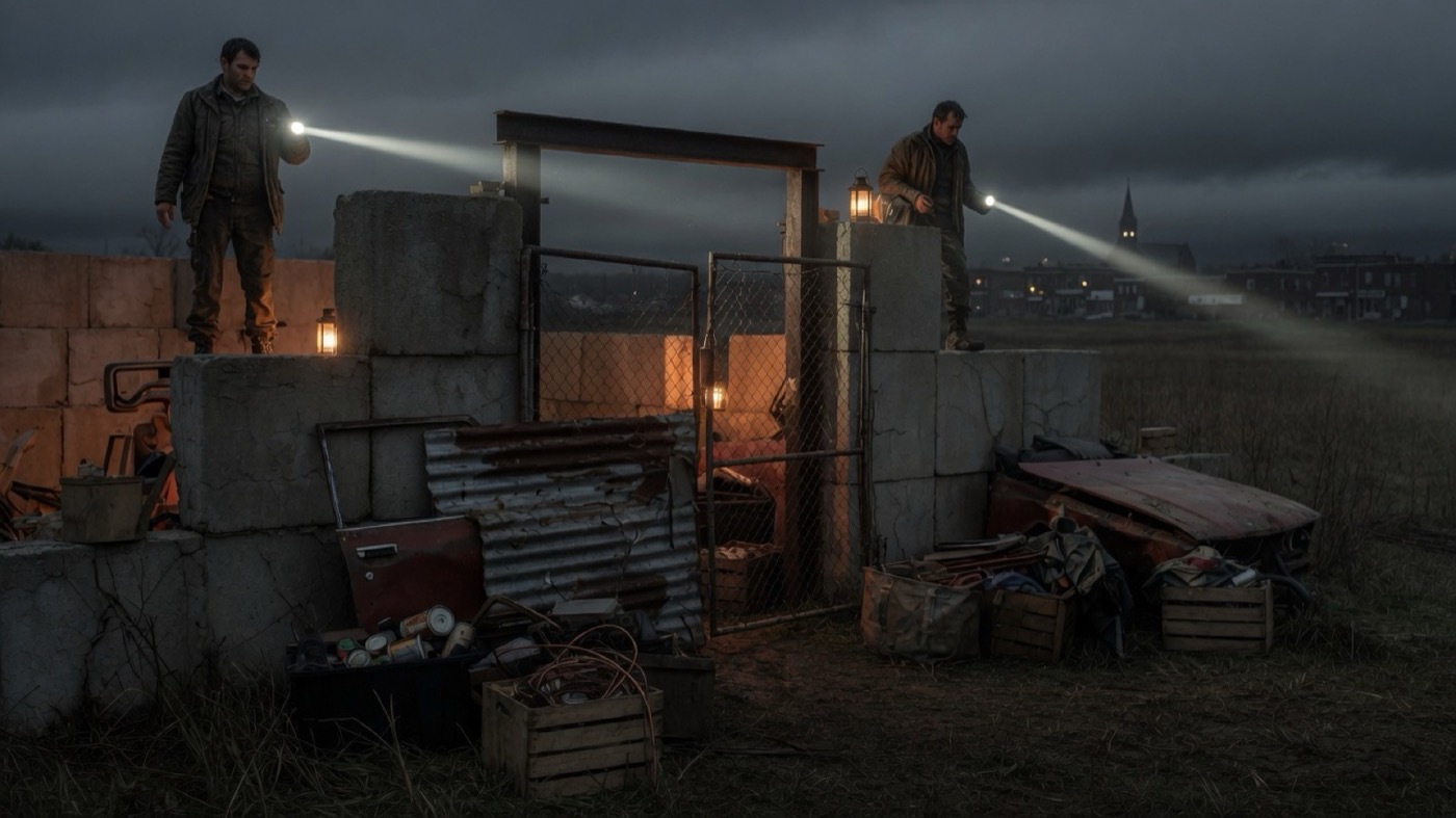 Concept art: two survivors keep watch with flashlights from a scrap-and-concrete stronghold at dusk
