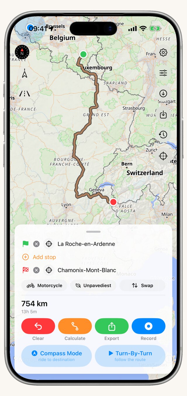 TrackHound route from the Ardennes to the Alps with intermediate stops