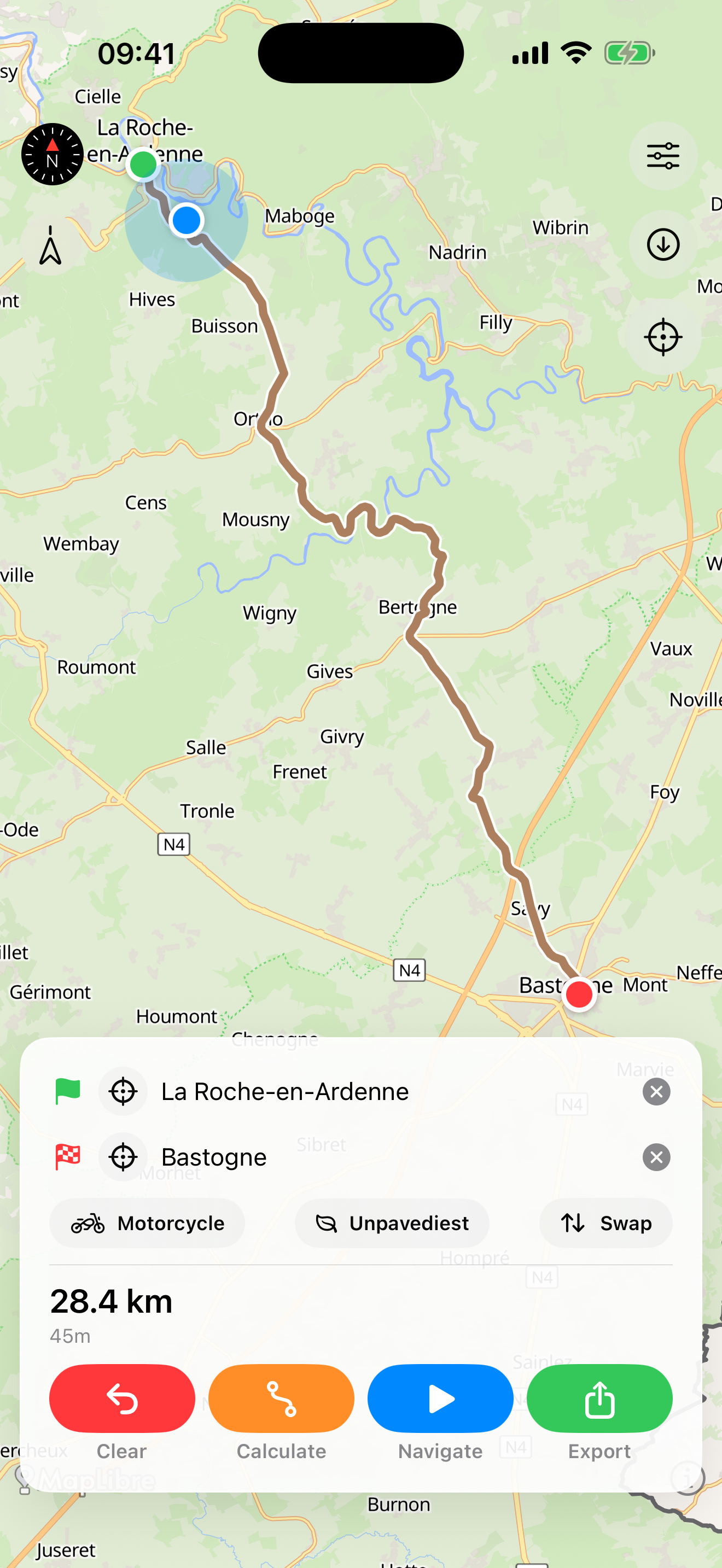 TrackHound route drawn across the Belgian Ardennes