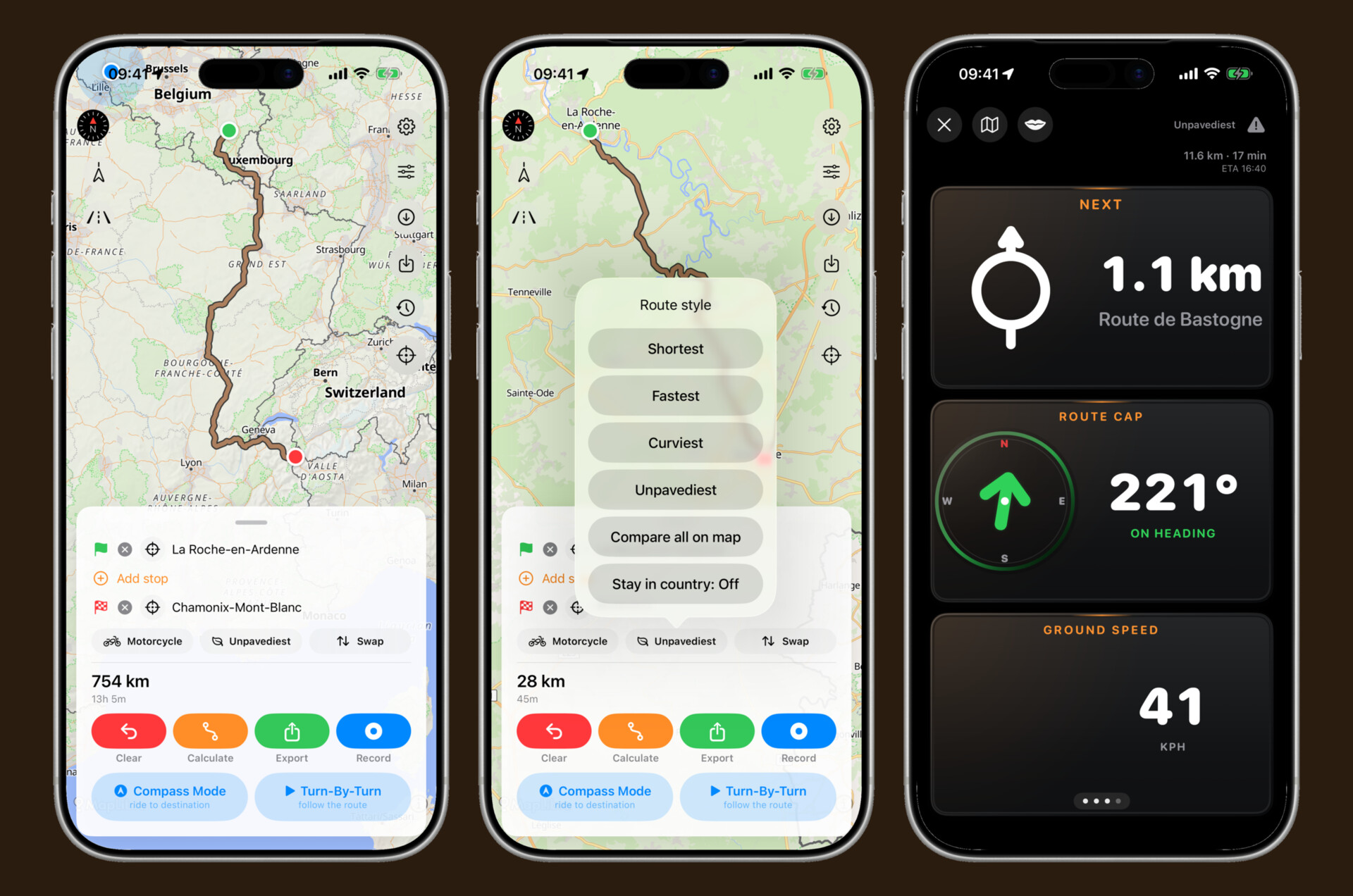 TrackHound — route on the map, the route-style picker, and the turn-by-turn roadbook