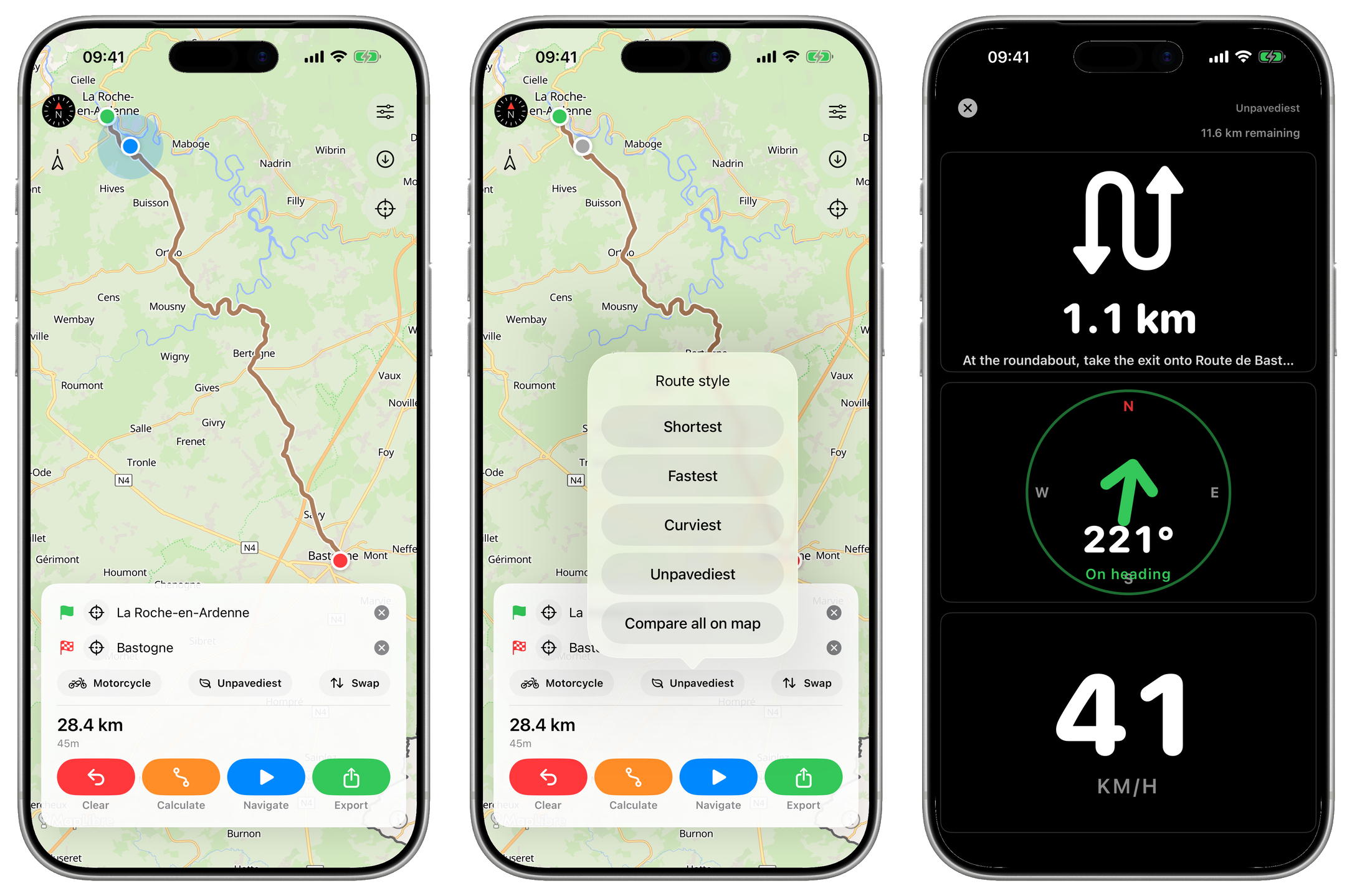 TrackHound — route on the map, the route-style picker, and the turn-by-turn roadbook