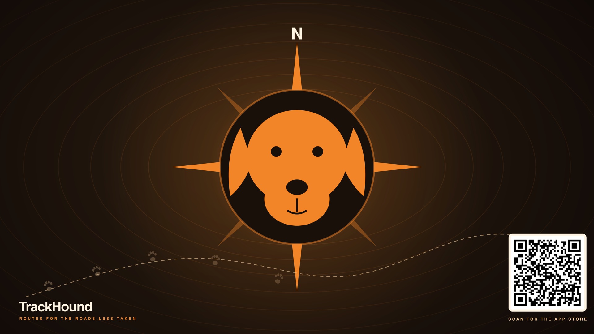 TrackHound key art — the dog-and-compass mark on a warm topographic background with the tagline ‘Routes for the roads less taken’